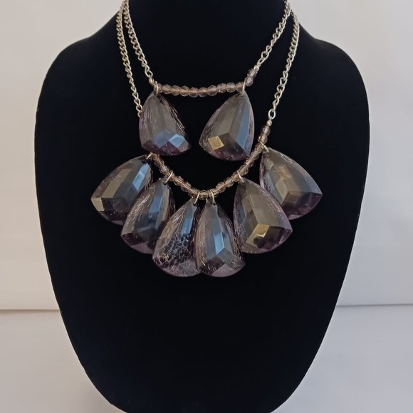 Statement Necklace W/ Double Silver tone Chain & Large Stones - Picture 1 of 10